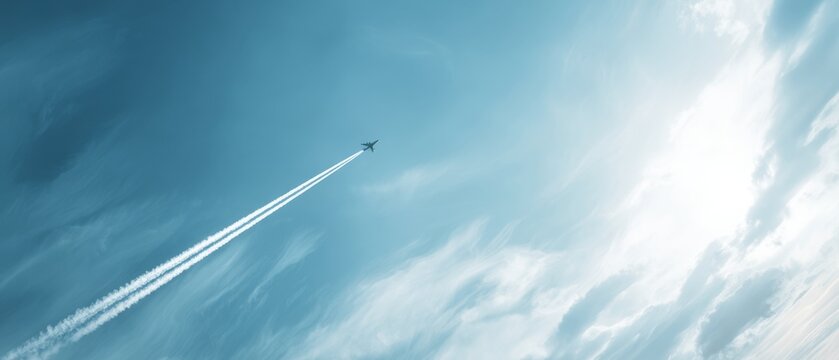 A single airplane soaring high in a bright blue sky, leaving a white vapor trail behind against fluffy clouds.