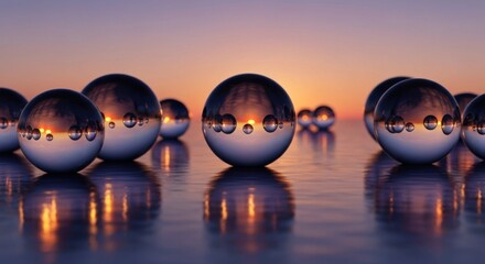 Polished chrome spheres reflect a sunset, set on a glossy surface