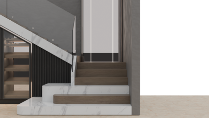 3D Render a staircase with a glass railing and a marble stair
