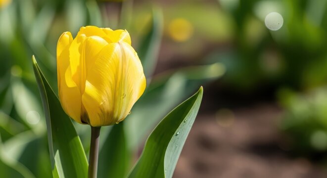 Closeup of a single yellow tulip flower in full bloom, with green leaves and a blurred background on a sunny spring day