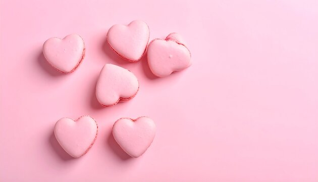 Pink heart macarons scattered on a matching pink backdrop with open space for text or graphics