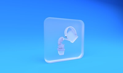 Frosted glass Watering can sprays water drops above marijuana or cannabis plant in pot icon isolated on blue background. Marijuana growing concept. Square frosted glass button. 3D render illustration