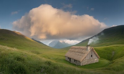 Quaint stone cottage with thatched roof in green valley, dramatic cloudscape above