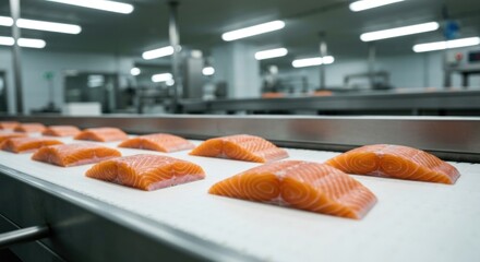 Raw salmon fillets neatly arranged on a conveyor belt in a processing facility