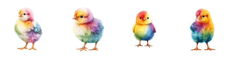 Obraz premium Watercolor Rainbow Chicks Set Isolated on White Background, Easter Illustration