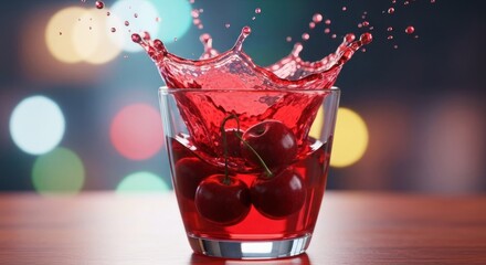 Red drink splashes from a clear glass with cherries; bokeh background