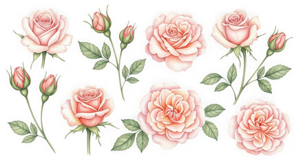 Collection of delicate pink watercolor roses and buds with green leaf isolated on transparent background