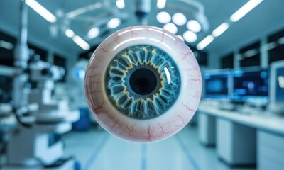 Realistic eye floats centrally, surgery room in background, blurred lighting