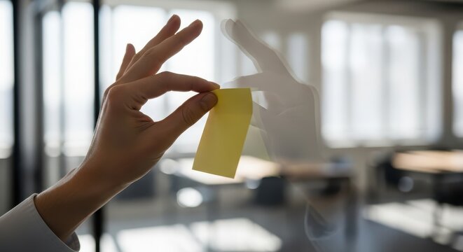 A hand places a yellow sticky note on a glass wall in an office, with a blurred background of desks and windows