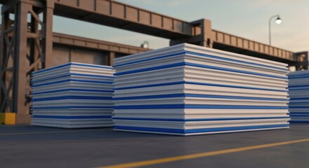 Render of stacks of rectangular panels with blue stripes at a dock, industrial setting
