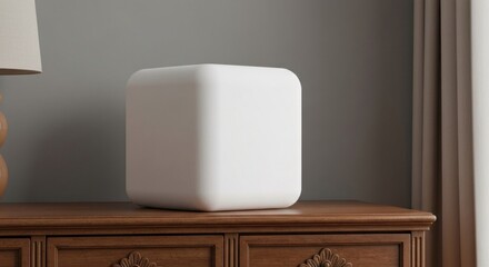 Rendered white cube with rounded corners on a wood dresser next to a lamp and window