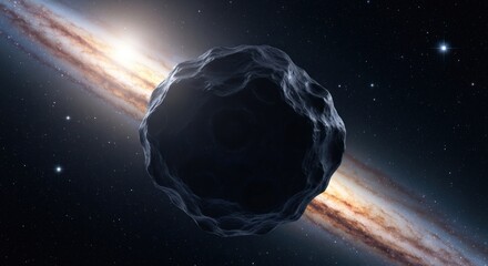 Rendered asteroid with cratered surface, set against a bright, expansive galactic background