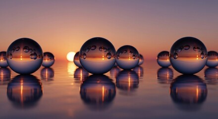 Reflective chrome spheres rest on a glassy surface with a sunset backdrop