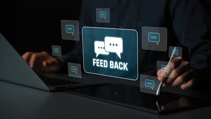 Customer or business team feedback system highlighting comments, opinions, evaluations, reviews,...