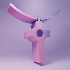 Purple Christian cross on chain icon isolated on purple background. Church cross. Minimalism concept. 3D render illustration