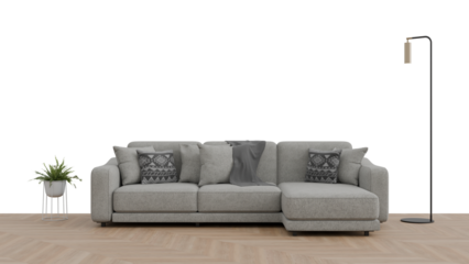 3D Render a couch with pillows and a lamp on a wooden floor