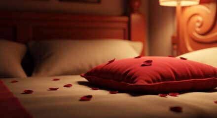 Romantic bedroom scene featuring a bed with red pillow and scattered rose petals
