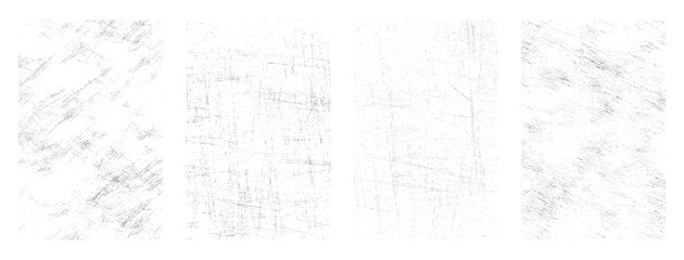 Four distinct grey textured backgrounds with subtle scratches and speckles on white grunge distressed