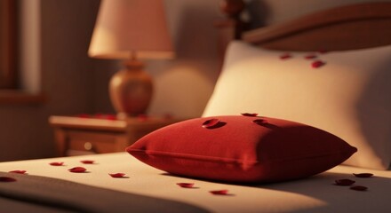 Romantic bedroom scene featuring a bed with scattered rose petals, soft lighting