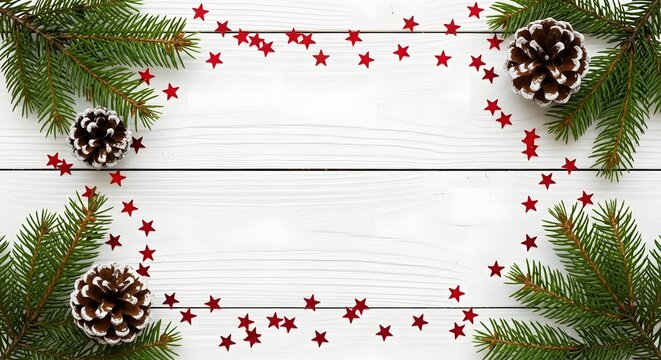 Festive christmas frame with pine cones and red star decorations
