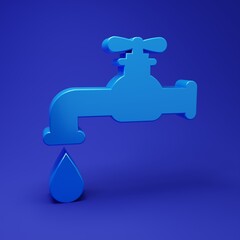 Blue Water tap with a falling water drop icon isolated on blue background. Minimalism concept. 3D render illustration