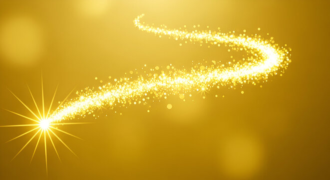 Golden magical glittering star dust trail illuminating a golden background