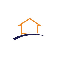 A minimalist logo features a stylized orange house silhouette above a blue curved line, representing home and security concepts.