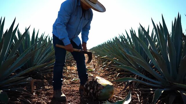 Agricultural worker in a wide-brimmed hat skillfully harvesting agave plants in a sunlit field, showcasing the traditional method of cutting the plant for production