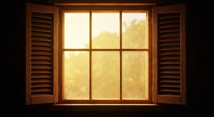 Rustic window with open shutters reveals bright, sunlit foliage. Inside is dark