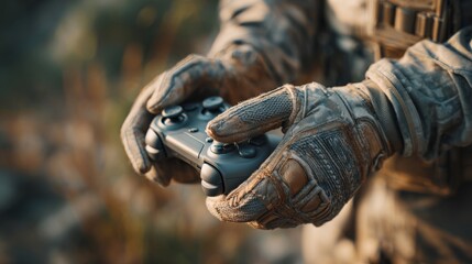 A soldier in tactical gear holding a gaming controller, blending military themes with modern gaming culture.