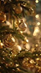 Close-Up of a Christmas Tree with Golden Baubles and Festive Bokeh Lights