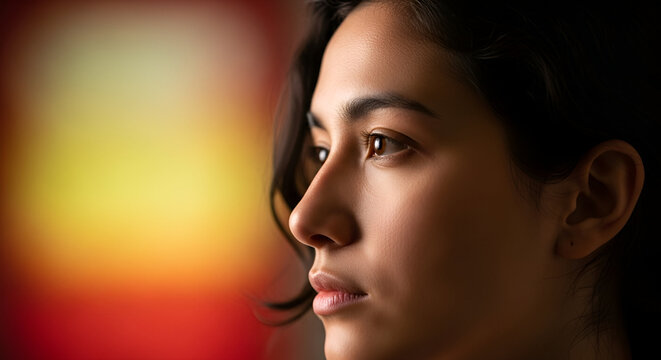 Portrait of a serene woman with soft lighting and a colorful background