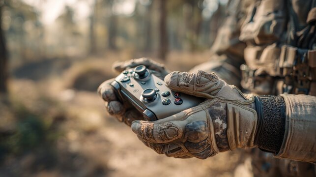 A soldier in tactical gear holds a gaming controller, blending the worlds of military and gaming in a serene forest setting.