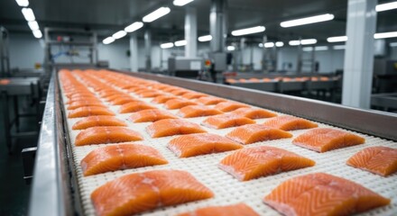 Salmon fillets lined neatly on a conveyor belt in a brightly lit industrial food processing plant