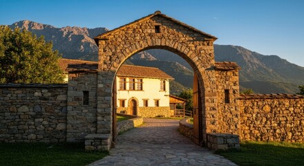 Rustic stone archway frames a quaint house and majestic mountains under a warm sunset glow