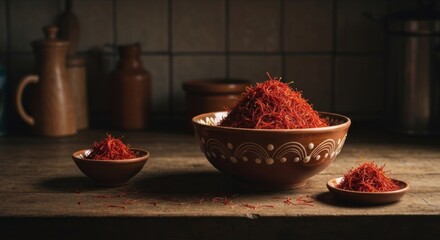 Rustic wooden table features three bowls of vibrant red saffron threads, kitchen setting