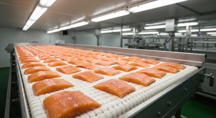 Salmon fillets neatly arranged on a conveyor belt in a processing facility