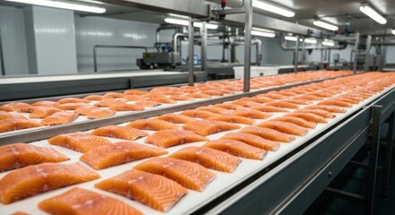 Salmon fillets neatly arranged on industrial conveyer belts, in a clean processing facility