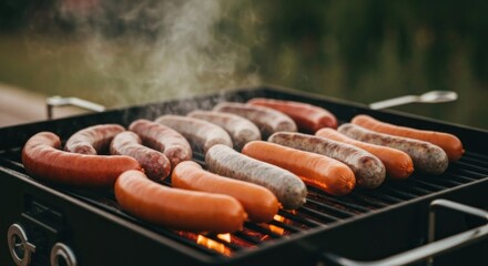 Sausages sizzling on a grill, smoke rising from cooking meat