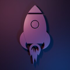 Purple Rocket ship with fire icon isolated on purple-blue background. Space travel. Minimalism concept. 3D render illustration