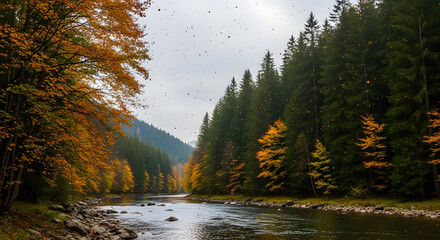 Tranquil river flowing through a colorful autumnal forest landscape scene
