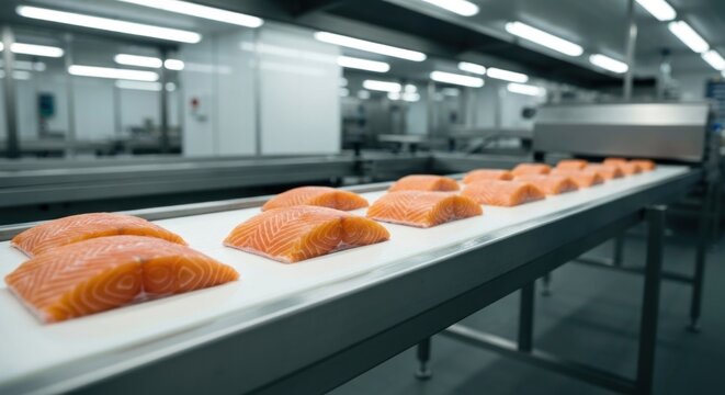 Salmon fillets neatly arranged on a conveyor belt in a brightly lit industrial food processing facility