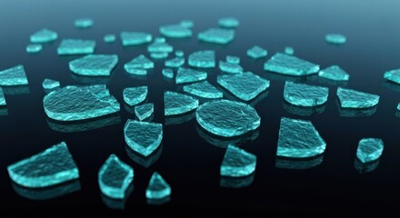 Scattered, translucent, crystalline shapes on a reflective dark surface