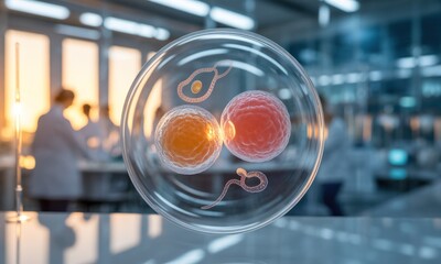 Scientific, 3D rendered view of biological cells encased in a glass sphere, lab in background