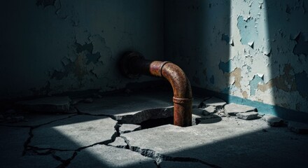 Rusting pipe emerges from a cracked floor of a dilapidated room, shadows play on peeling paint