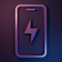 Purple Smartphone charging battery icon isolated on purple-blue background. Phone with a low battery charge. Minimalism concept. 3D render illustration