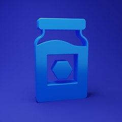 Blue Jar of honey icon isolated on blue background. Food bank. Sweet natural food symbol. Minimalism concept. 3D render illustration