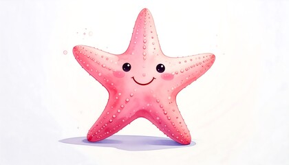 Adorable pink starfish with a cute smiley face, set against a soft, watercolor-style white background