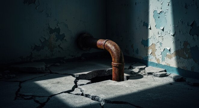 Rusting pipe emerges from a cracked floor of a dilapidated room, shadows play on peeling paint