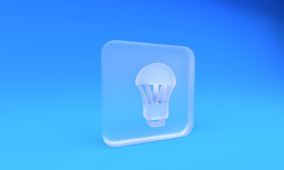Frosted glass LED light bulb icon isolated on blue background. Economical LED illuminated lightbulb. Save energy lamp. Square frosted glass button. 3D render illustration